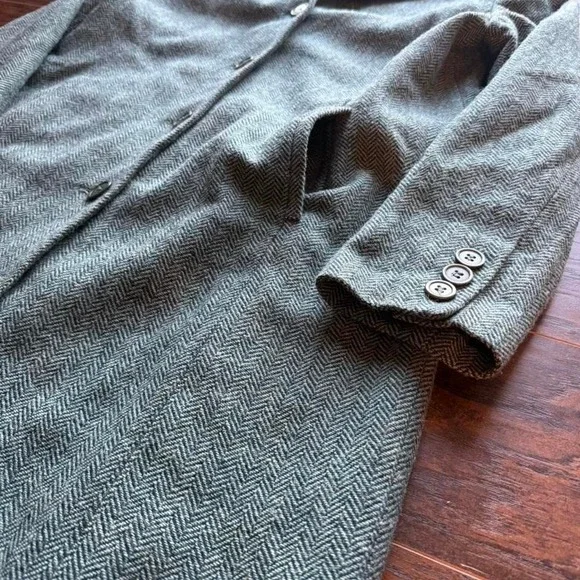 VINTAGE TIMELESS AMANDA SMITH SAGE GREEN HERRINGBONE WOOL  TRENCH COAT WOMENS 12 - Picture 2 of 7